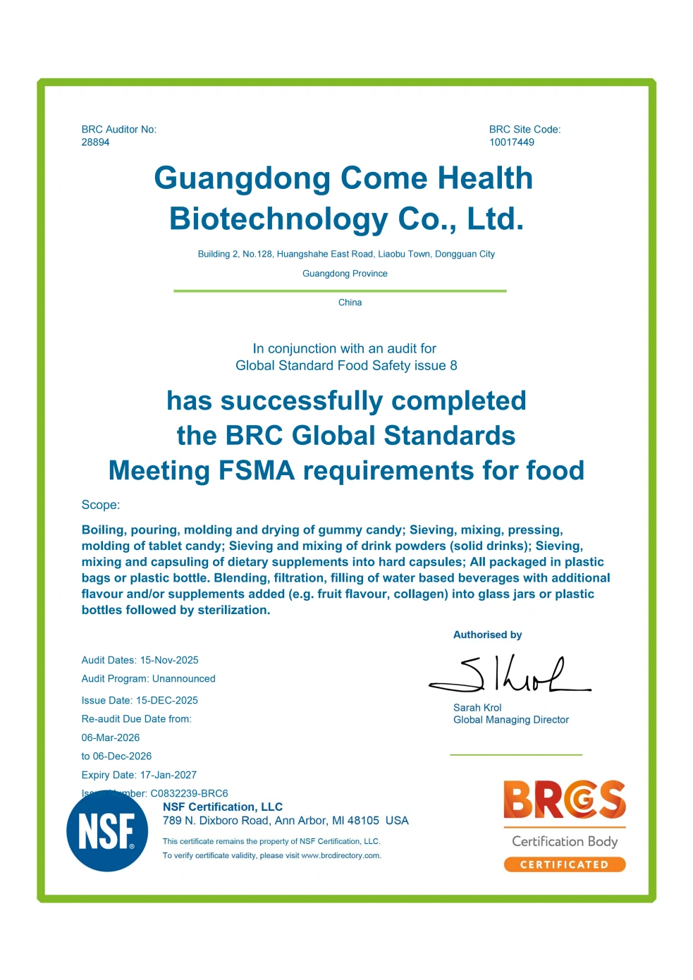 BRCGS FSMA add-on