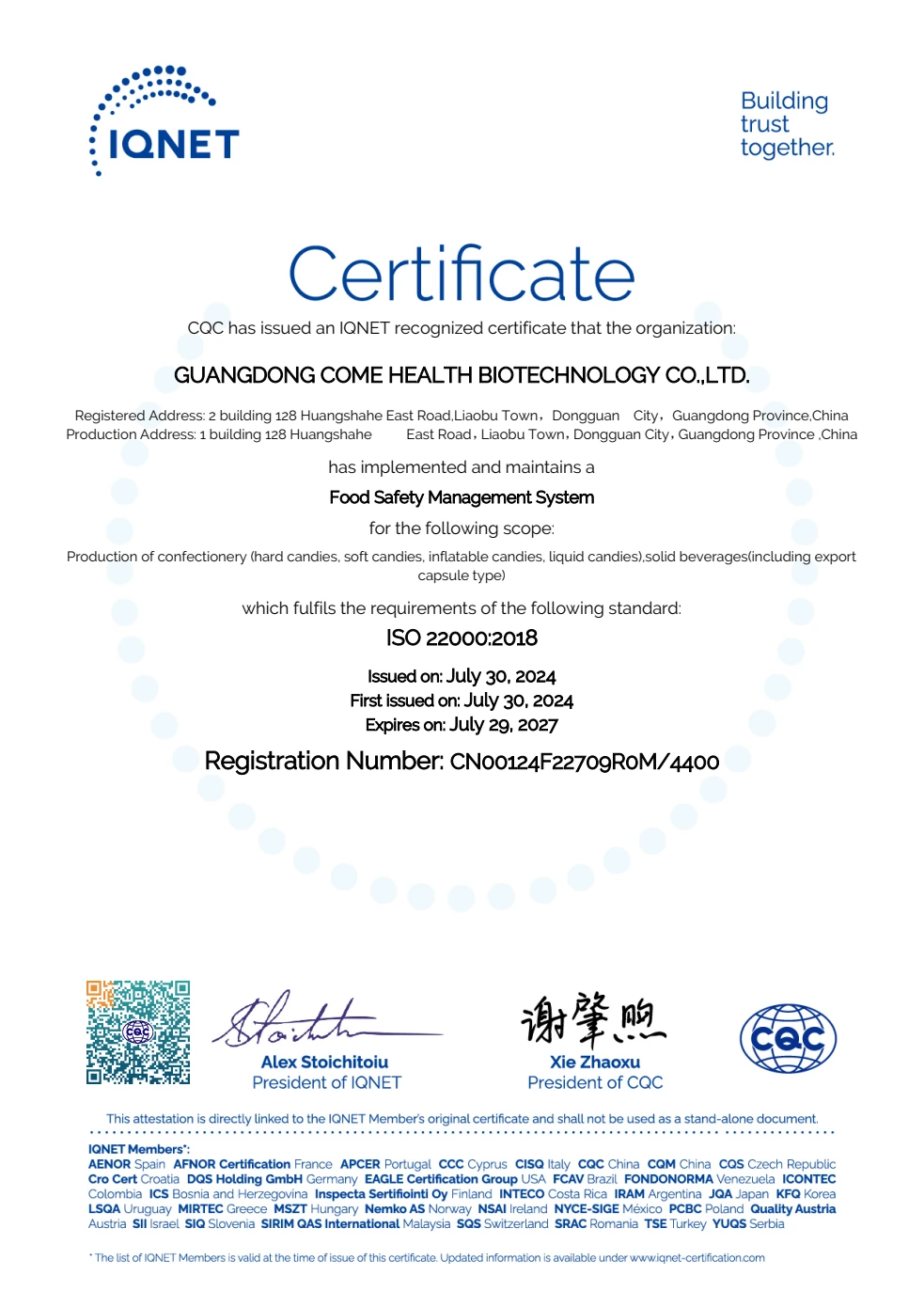 IQNET recognition of CQC ISO 22000