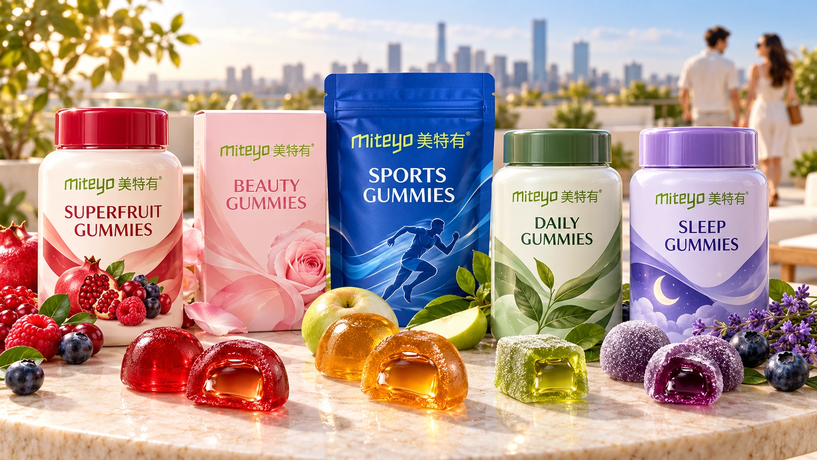 MITEYO center-filled gummies with superfruit, beauty, sports and daily product packaging