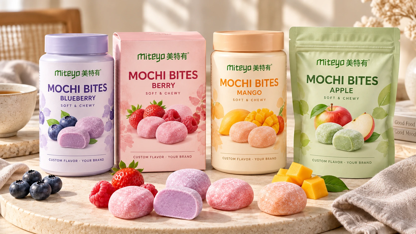 MITEYO solid Mochi bites in blueberry, berry, mango and apple packaging