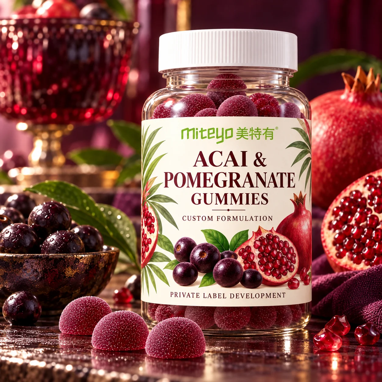 MITEYO Acai & Pomegranate Gummies custom-formulation bottle in a berry tasting table setting