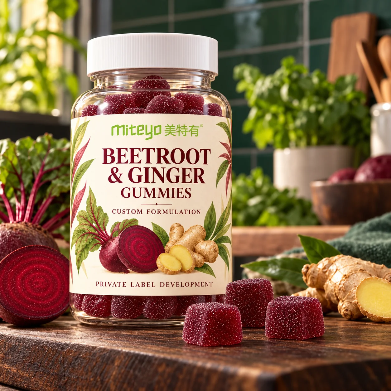 MITEYO Beetroot & Ginger Gummies custom-formulation bottle in a plant-forward kitchen setting