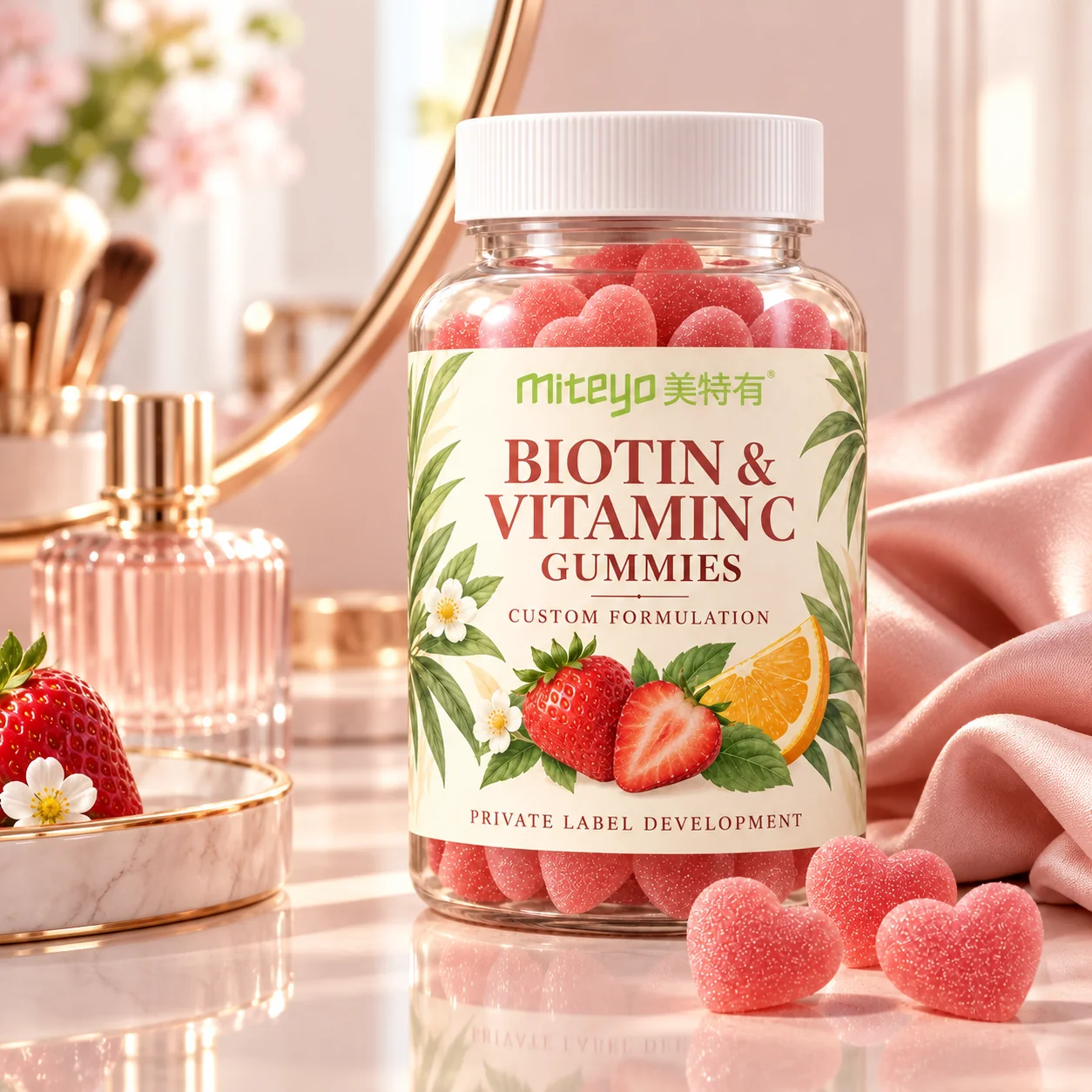 MITEYO Biotin & Vitamin C Gummies custom-formulation bottle in a blush beauty vanity setting