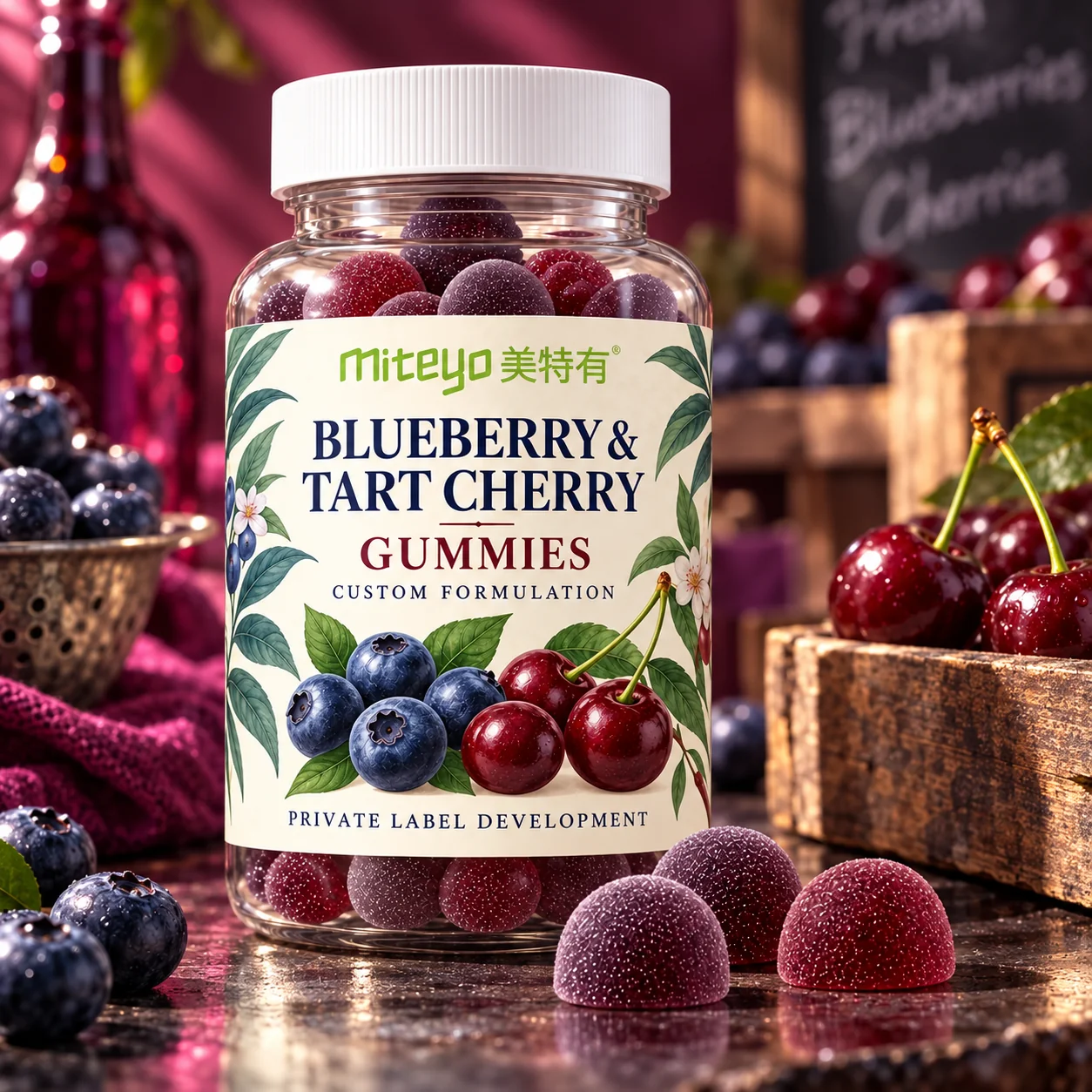 MITEYO Blueberry & Tart Cherry Gummies custom-formulation bottle in a berry tasting table setting