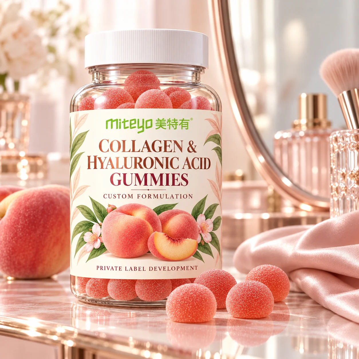 MITEYO Collagen & Hyaluronic Acid Gummies custom-formulation bottle in a blush beauty vanity setting