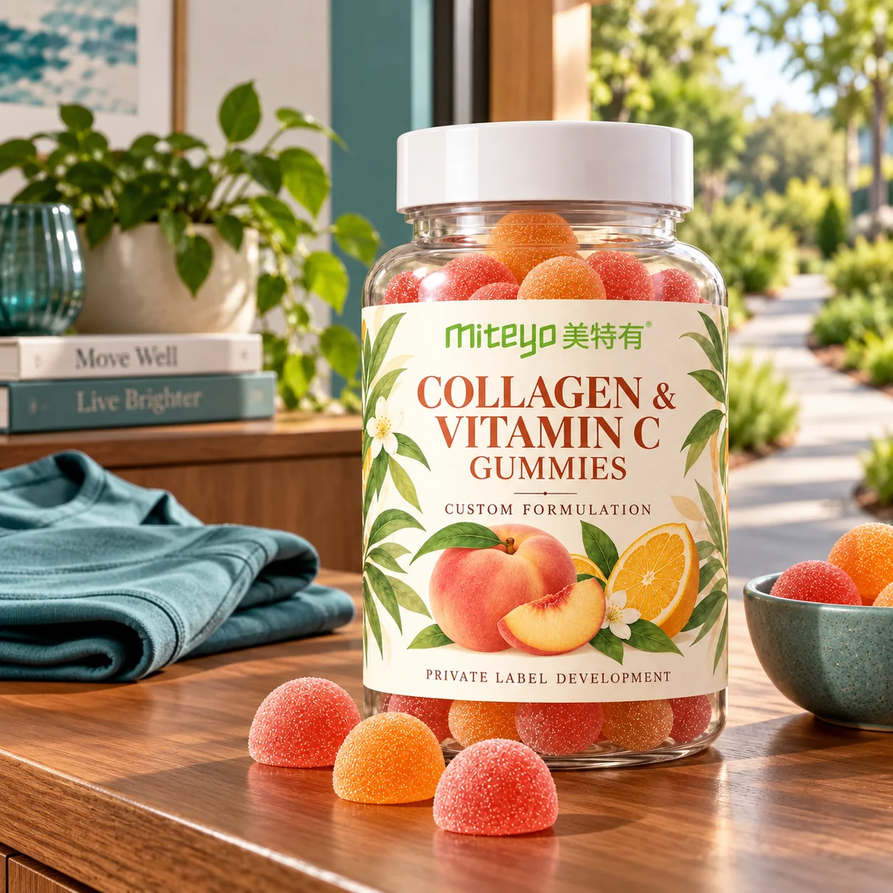 MITEYO Collagen & Vitamin C Gummies custom-formulation bottle in a teal living space and garden setting