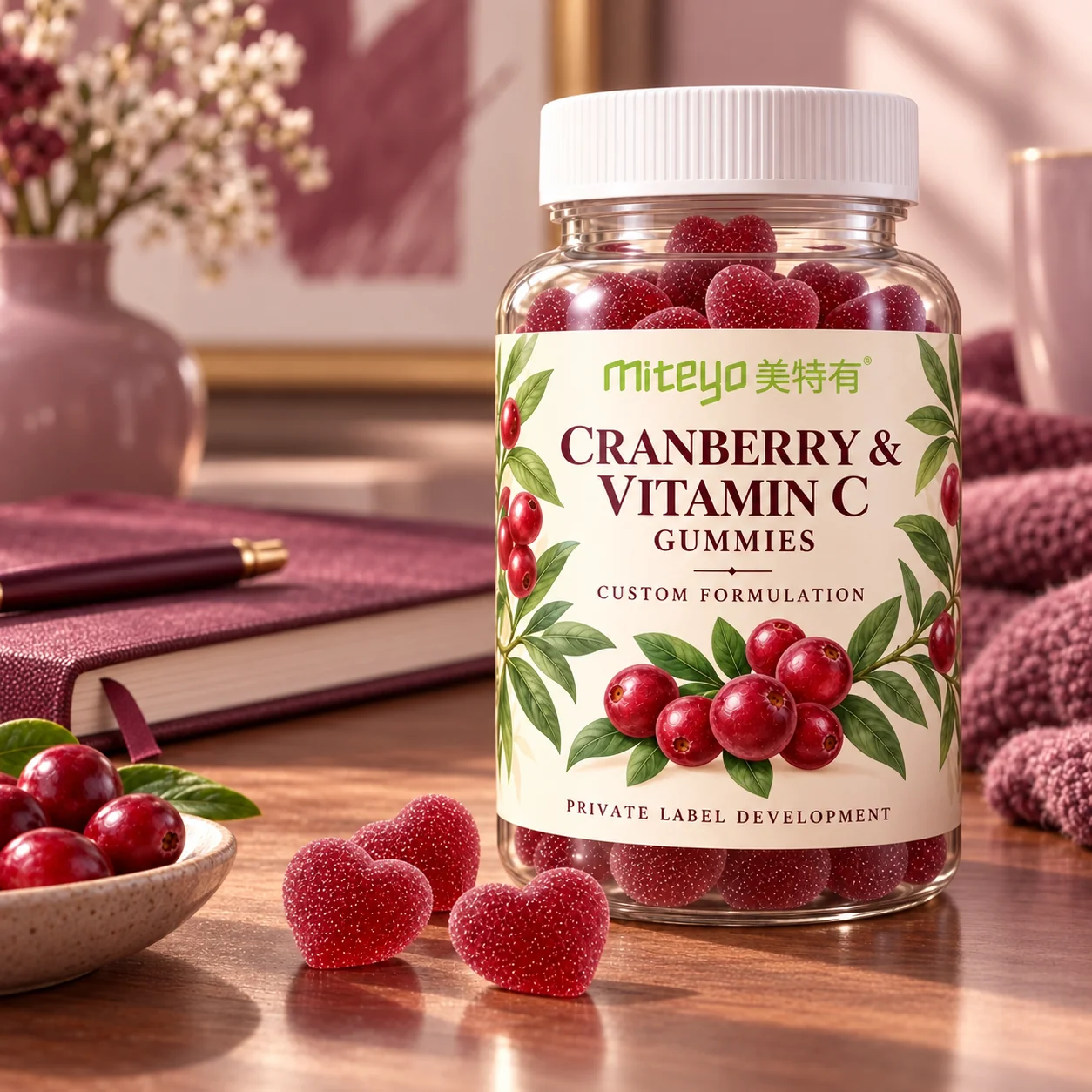 MITEYO Cranberry & Vitamin C Gummies custom-formulation bottle in a mauve home workspace setting