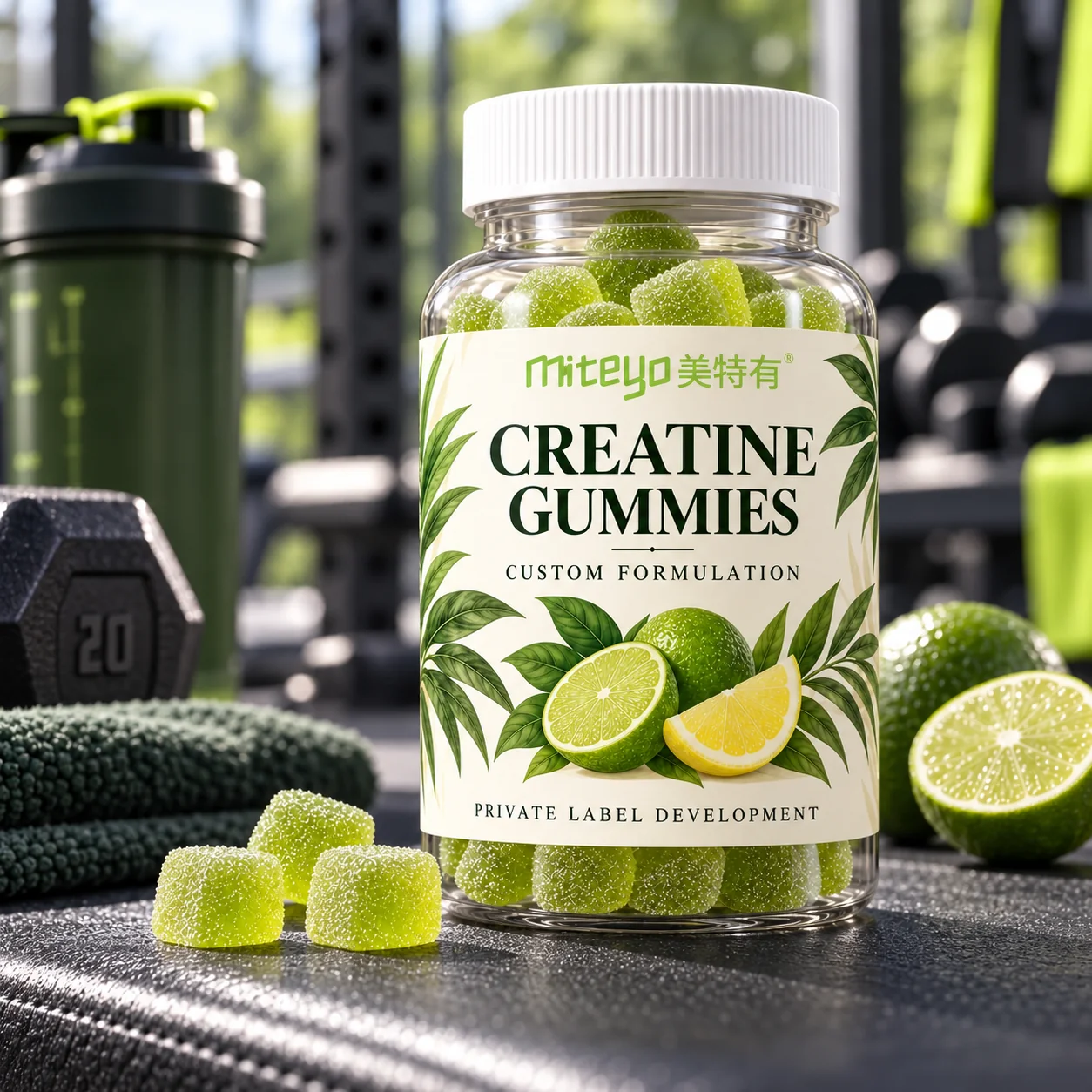 MITEYO Creatine Gummies custom-formulation bottle in a gym setting