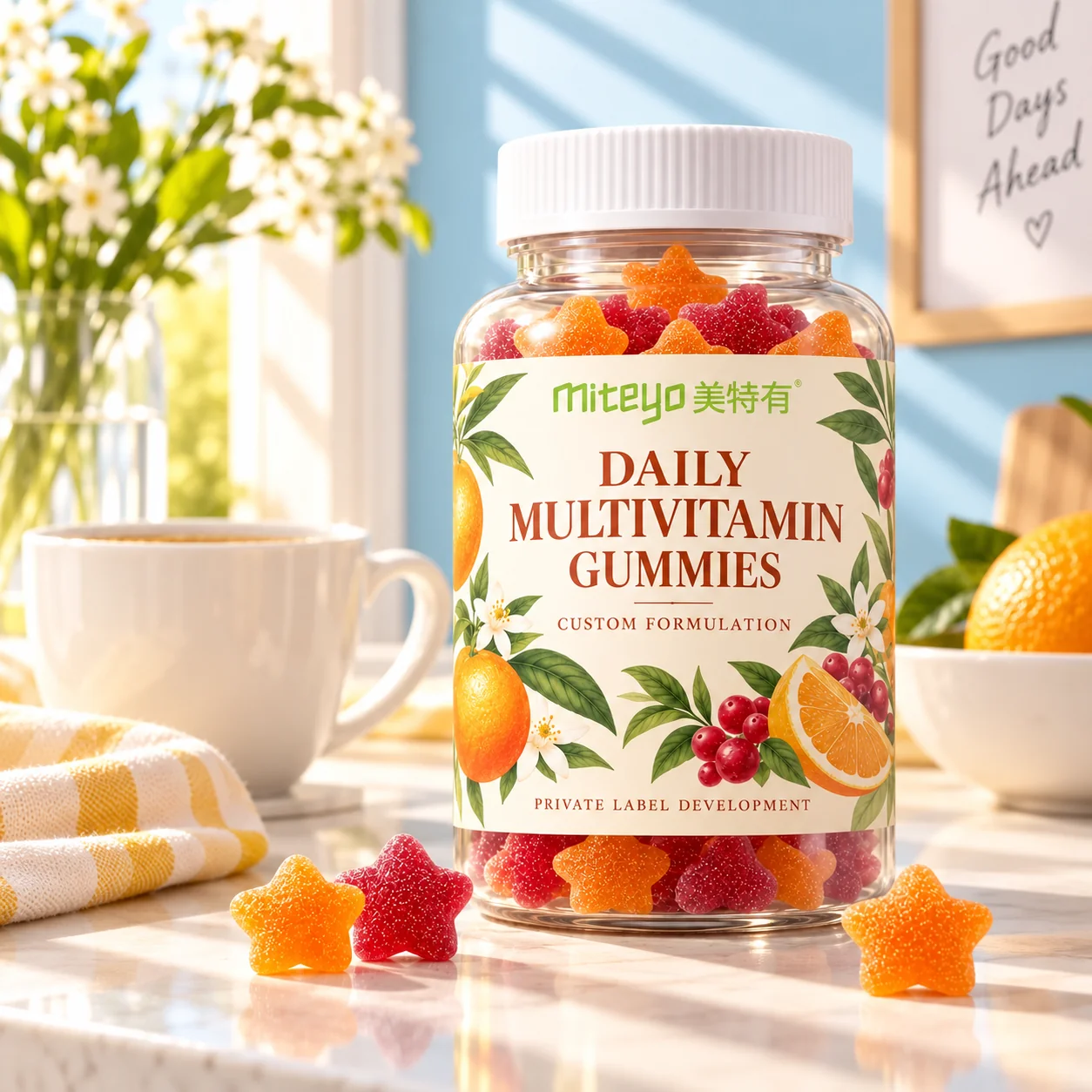 MITEYO Daily Multivitamin Gummies custom-formulation bottle in a sunny morning routine setting