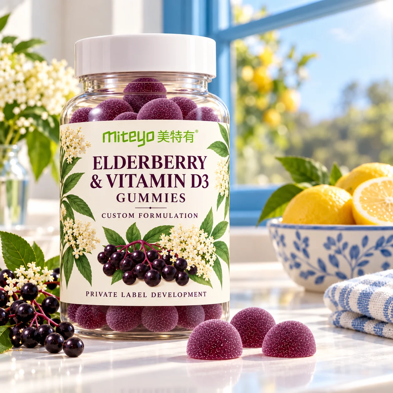 MITEYO Elderberry & Vitamin D3 Gummies custom-formulation bottle in a citrus sunroom setting
