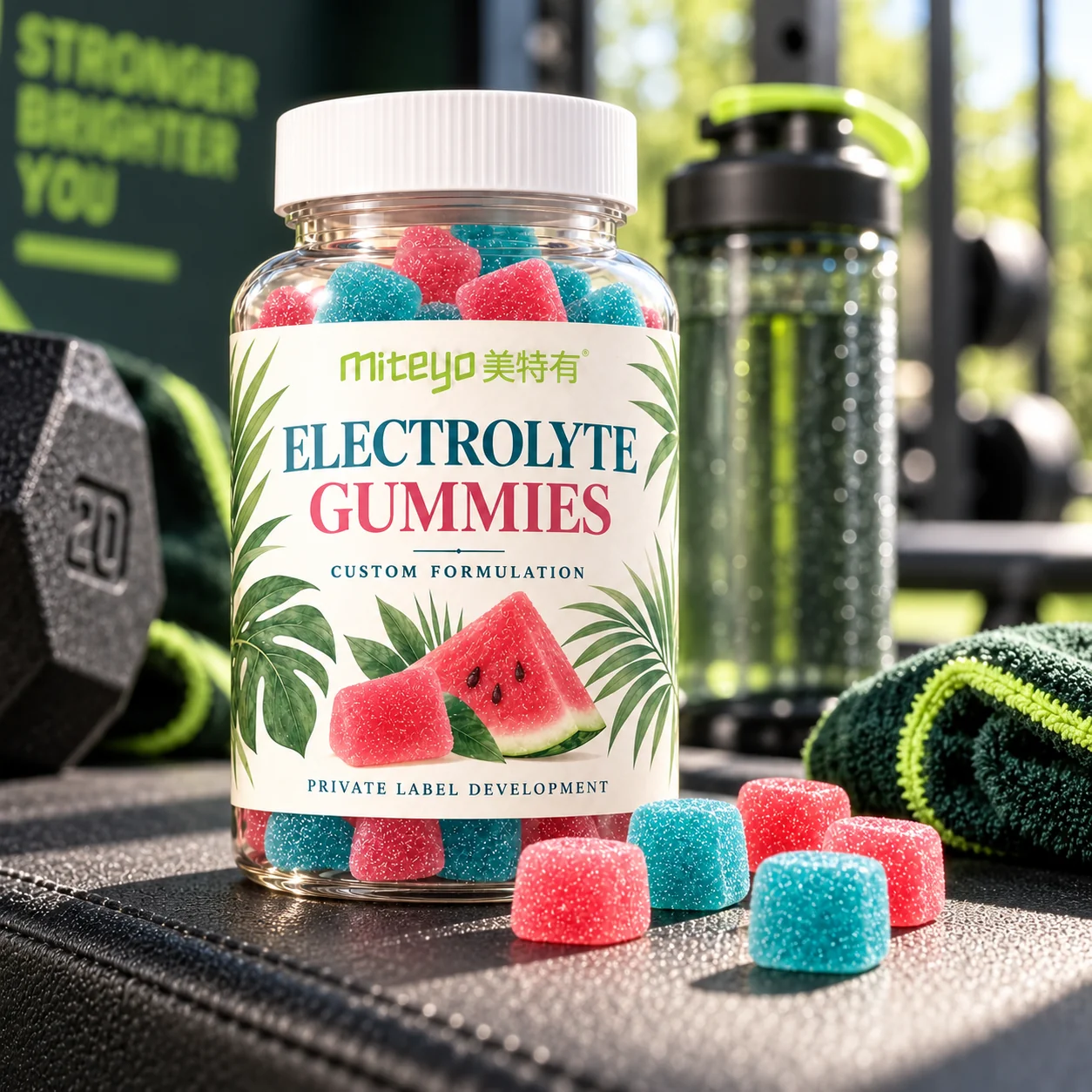 MITEYO Electrolyte Gummies custom-formulation bottle in a gym setting