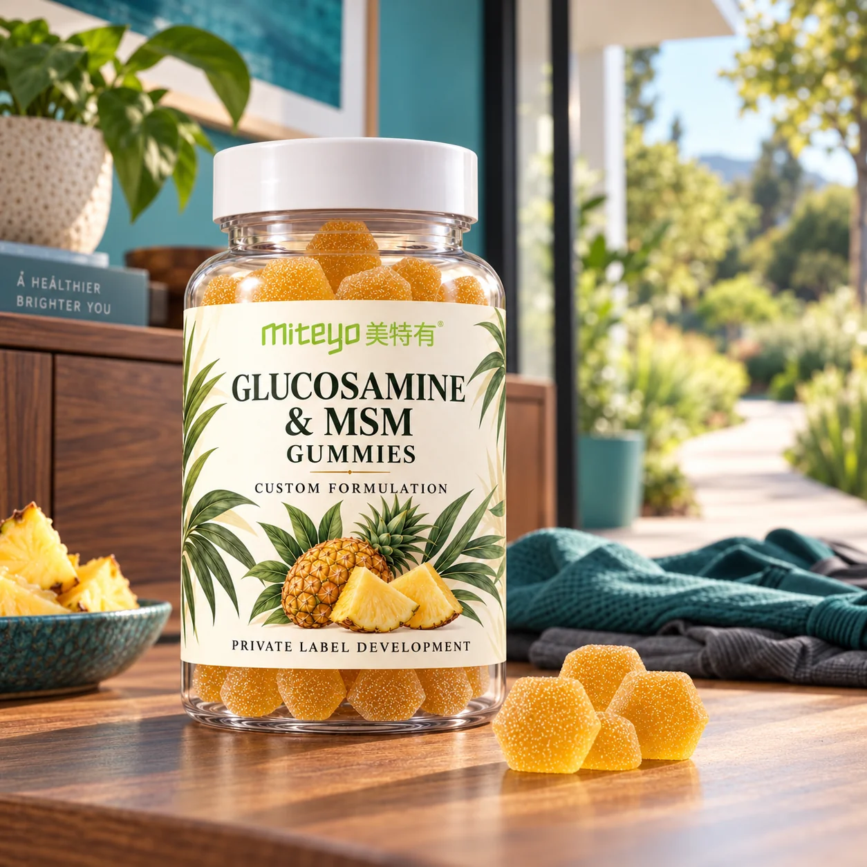 MITEYO Glucosamine & MSM Gummies custom-formulation bottle in a teal living space and garden setting