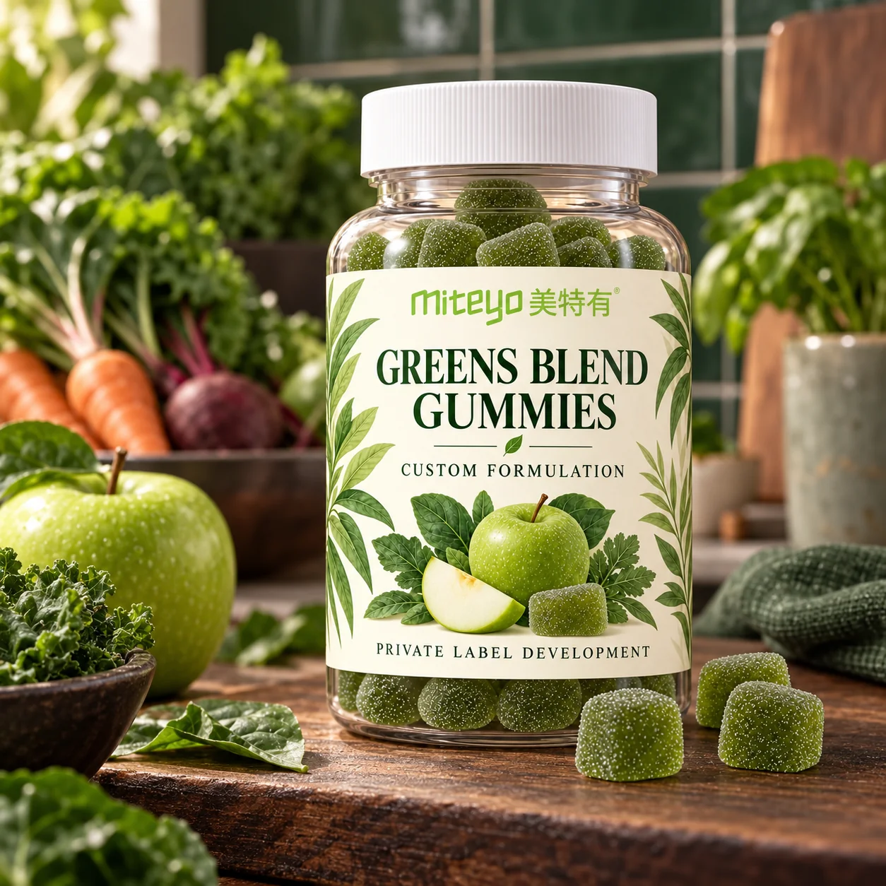 MITEYO Greens Blend Gummies custom-formulation bottle in a plant-forward kitchen setting