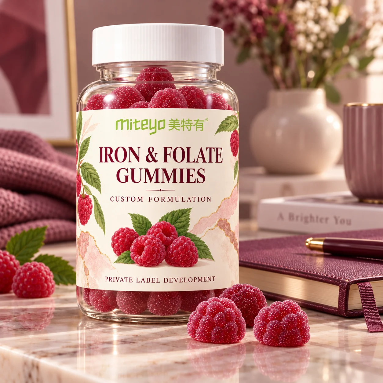 MITEYO Iron & Folate Gummies custom-formulation bottle in a mauve home workspace setting