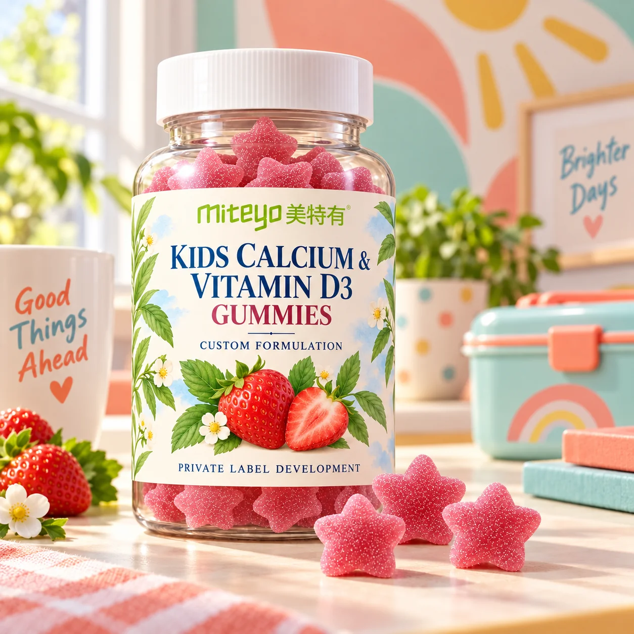 MITEYO Kids Calcium & Vitamin D3 Gummies custom-formulation bottle in a colorful family morning nook setting