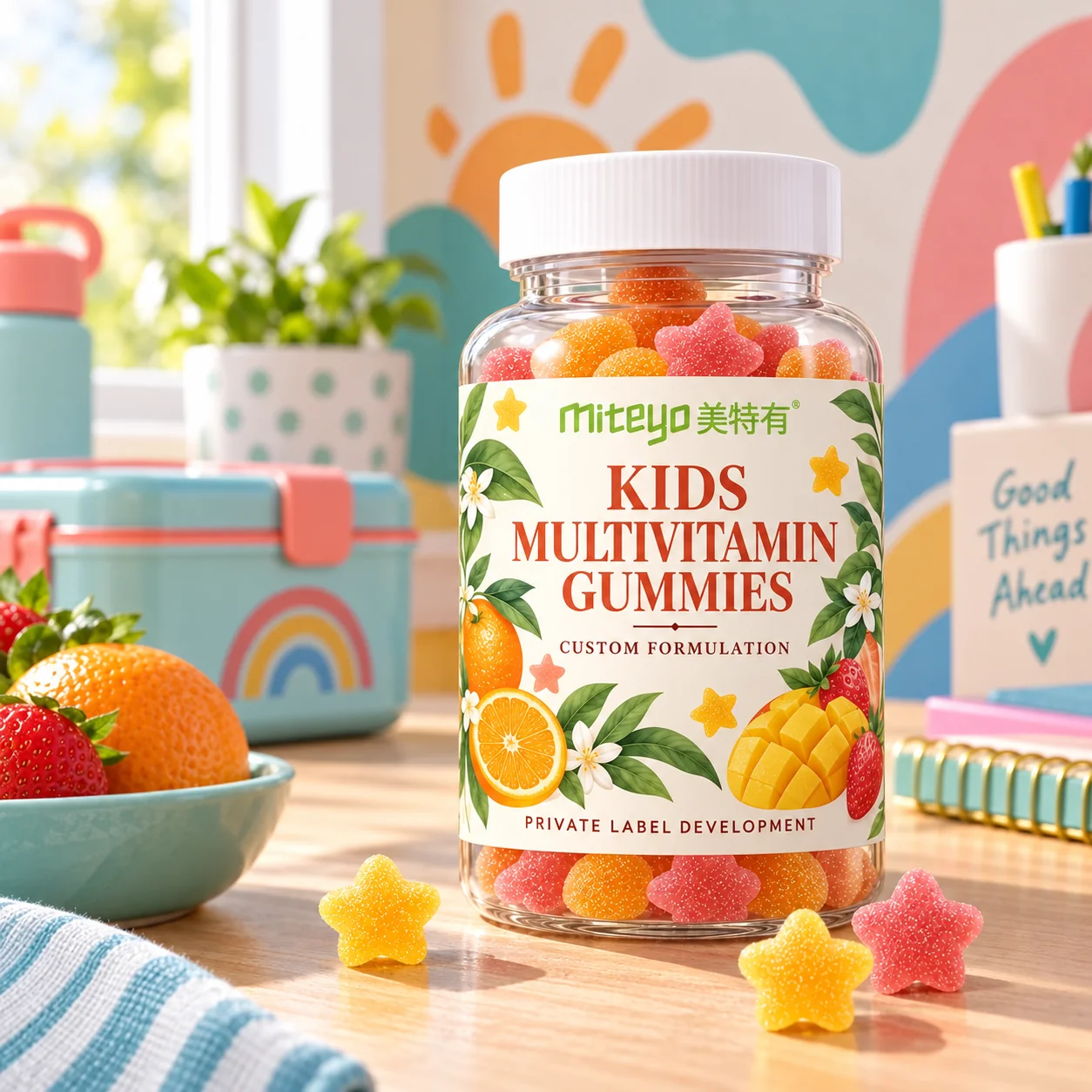 MITEYO Kids Multivitamin Gummies custom-formulation bottle in a colorful family morning nook setting