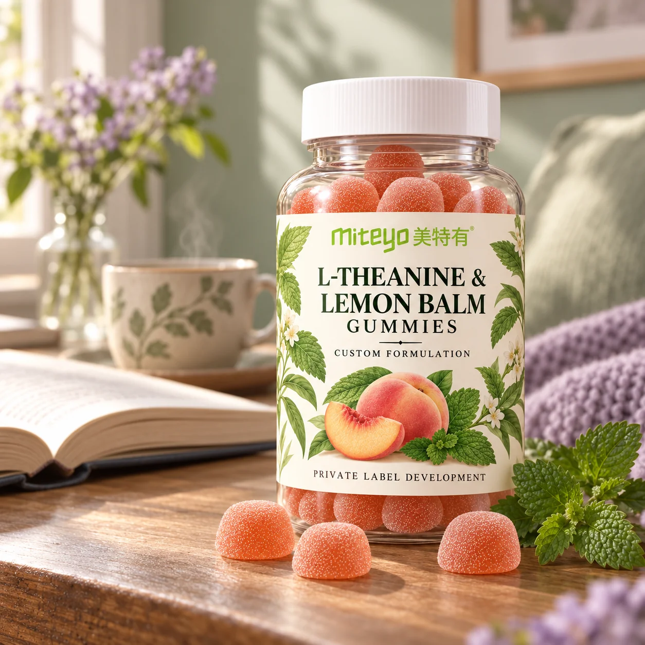 MITEYO L-Theanine & Lemon Balm Gummies custom-formulation bottle in a sage reading corner setting