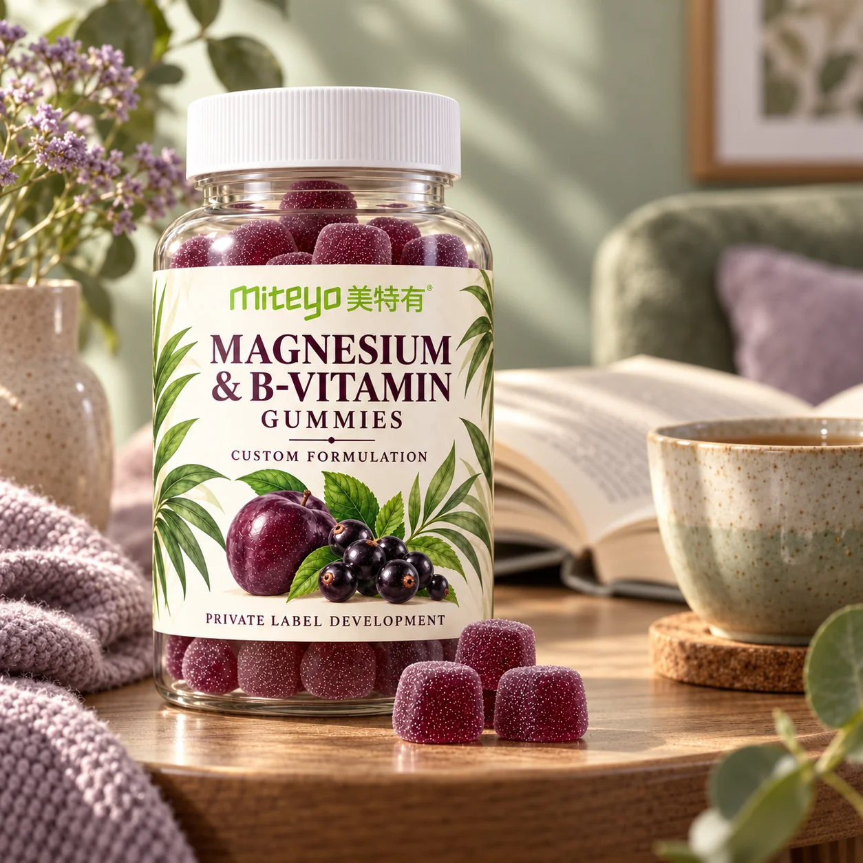 MITEYO Magnesium & B-Vitamin Gummies custom-formulation bottle in a sage reading corner setting