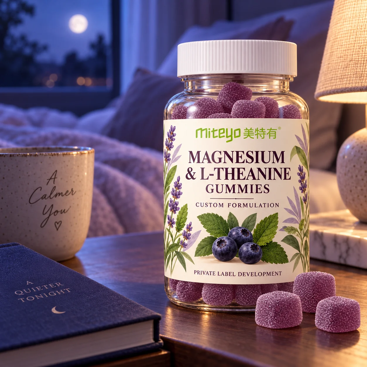 MITEYO Magnesium & L-Theanine Gummies custom-formulation bottle in a moonlit bedroom setting