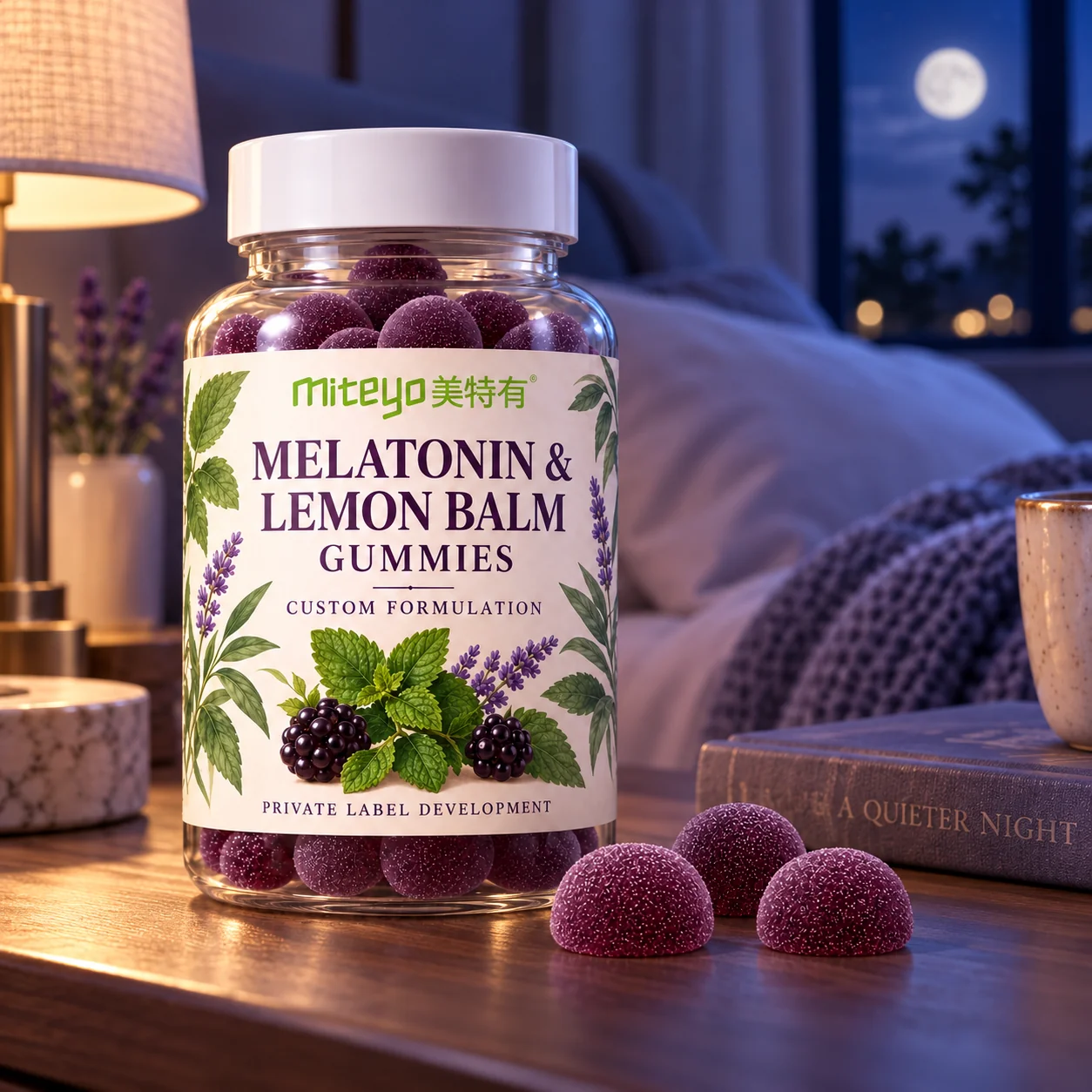 MITEYO Melatonin & Lemon Balm Gummies custom-formulation bottle in a moonlit bedroom setting