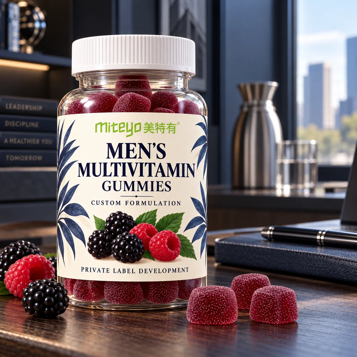 MITEYO Men's Multivitamin Gummies custom-formulation bottle in a graphite home office setting