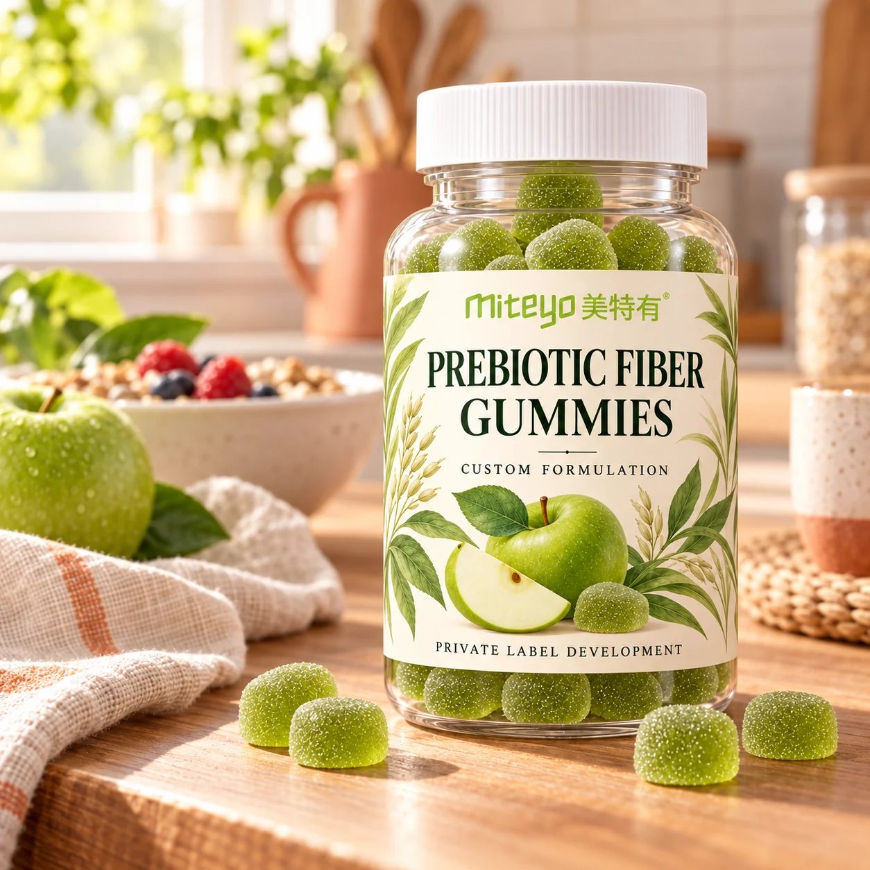MITEYO Prebiotic Fiber Gummies custom-formulation bottle in a breakfast kitchen setting