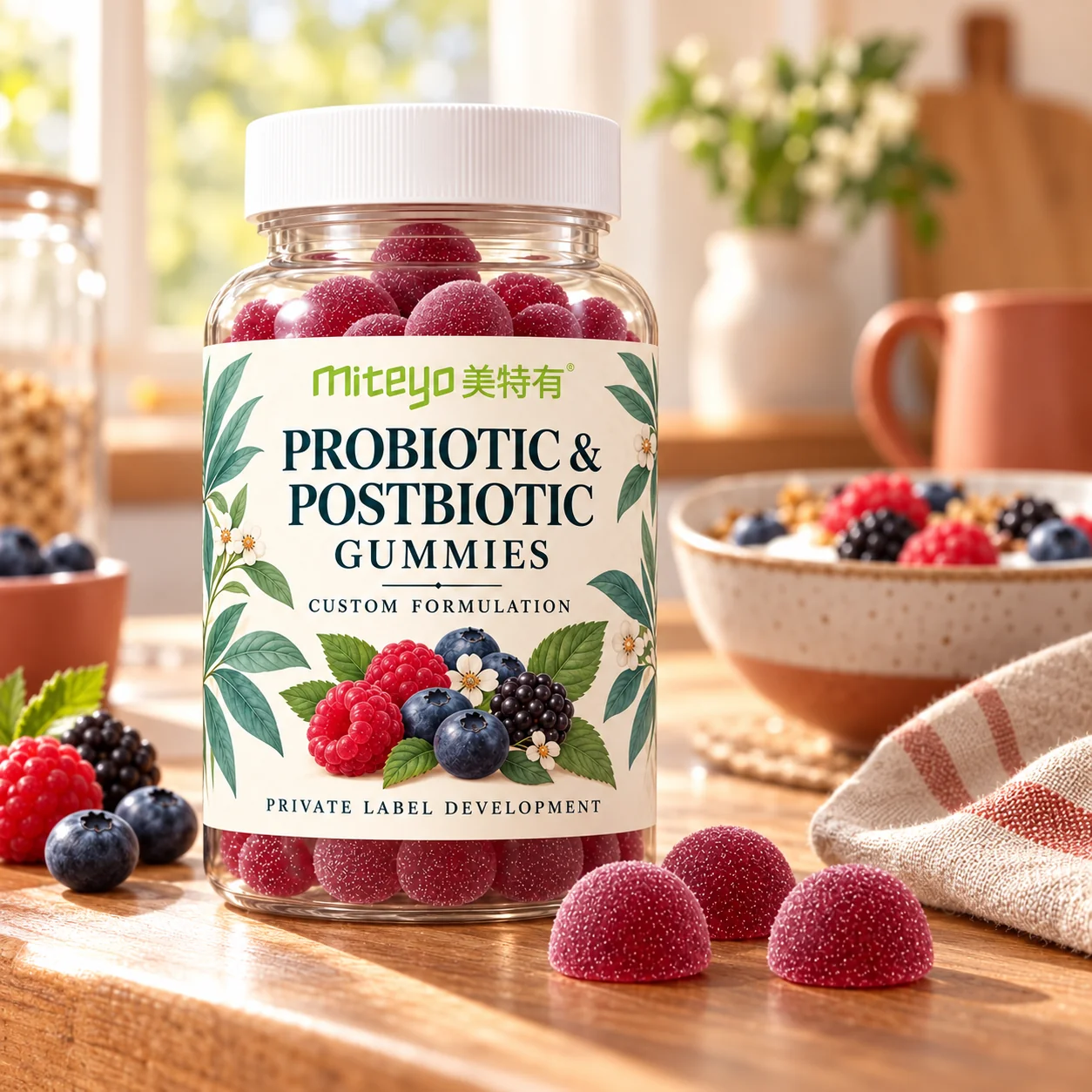 MITEYO Probiotic & Postbiotic Gummies custom-formulation bottle in a breakfast kitchen setting