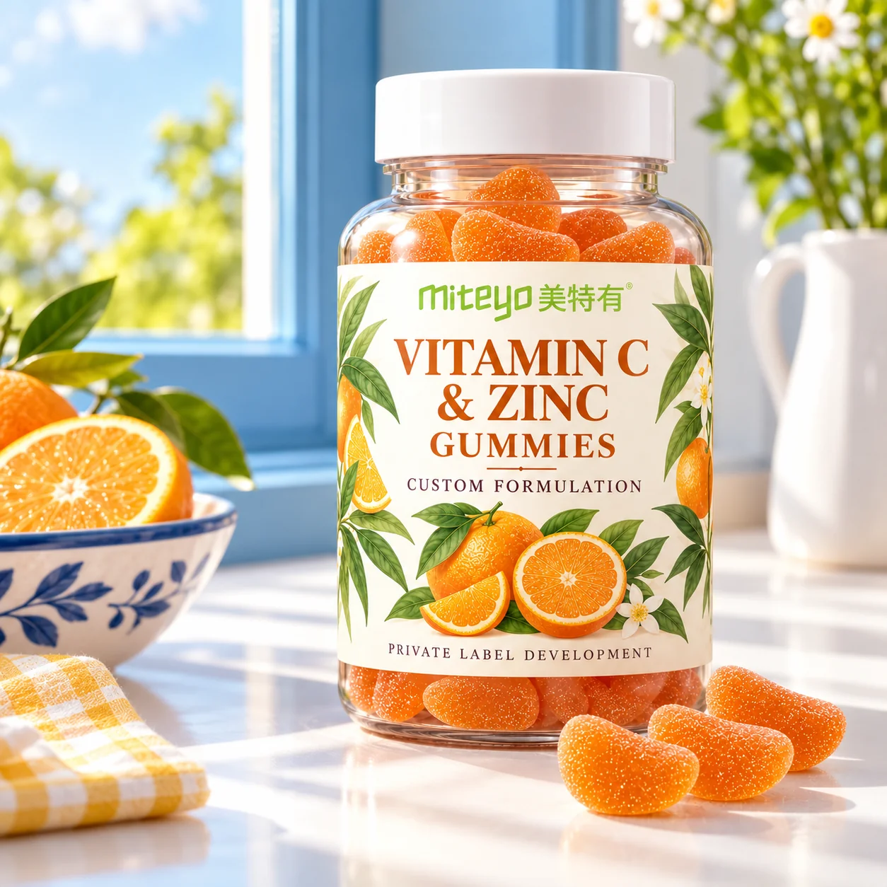 MITEYO Vitamin C & Zinc Gummies custom-formulation bottle in a citrus sunroom setting