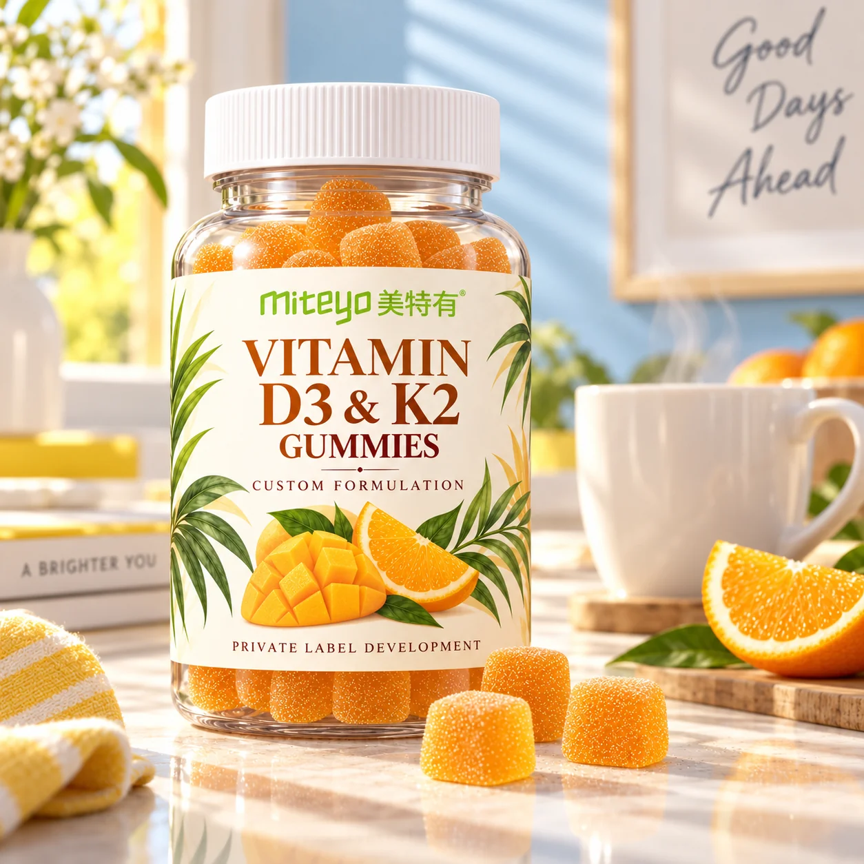 MITEYO Vitamin D3 & K2 Gummies custom-formulation bottle in a sunny morning routine setting