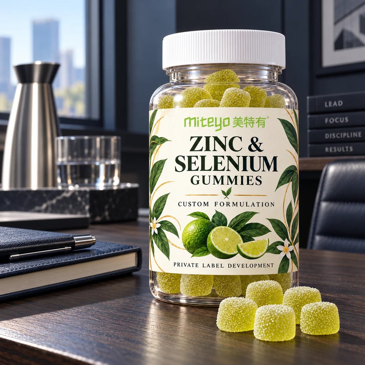 MITEYO Zinc & Selenium Gummies custom-formulation bottle in a graphite home office setting